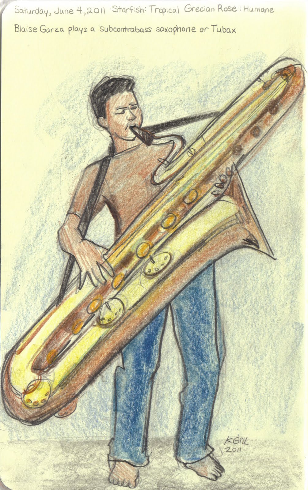 Art by K. Gill 060411. A subcontrabass saxophone or Tubax.