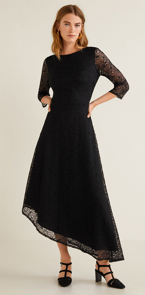 Robe longue de soirée en dentelle noire asymétrique Mango