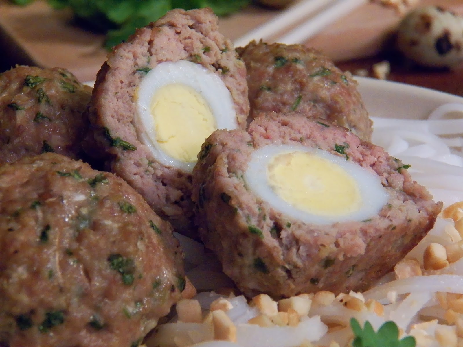 QUAIL EGG STUFFED PORK MEATBALLS WITH RICE NOODLES In Good Flavor
