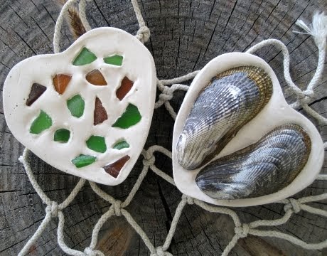 Plaster Craft -Hearts with Shells & Seaglass