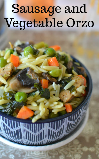 Sausage and Vegetable Orzo Recipe plus 18 Dinner for Two Ideas! An easy dinner idea for two, or side for the whole family! Packed full of veggies like kale, peas and carrots and delicious chicken sausage!