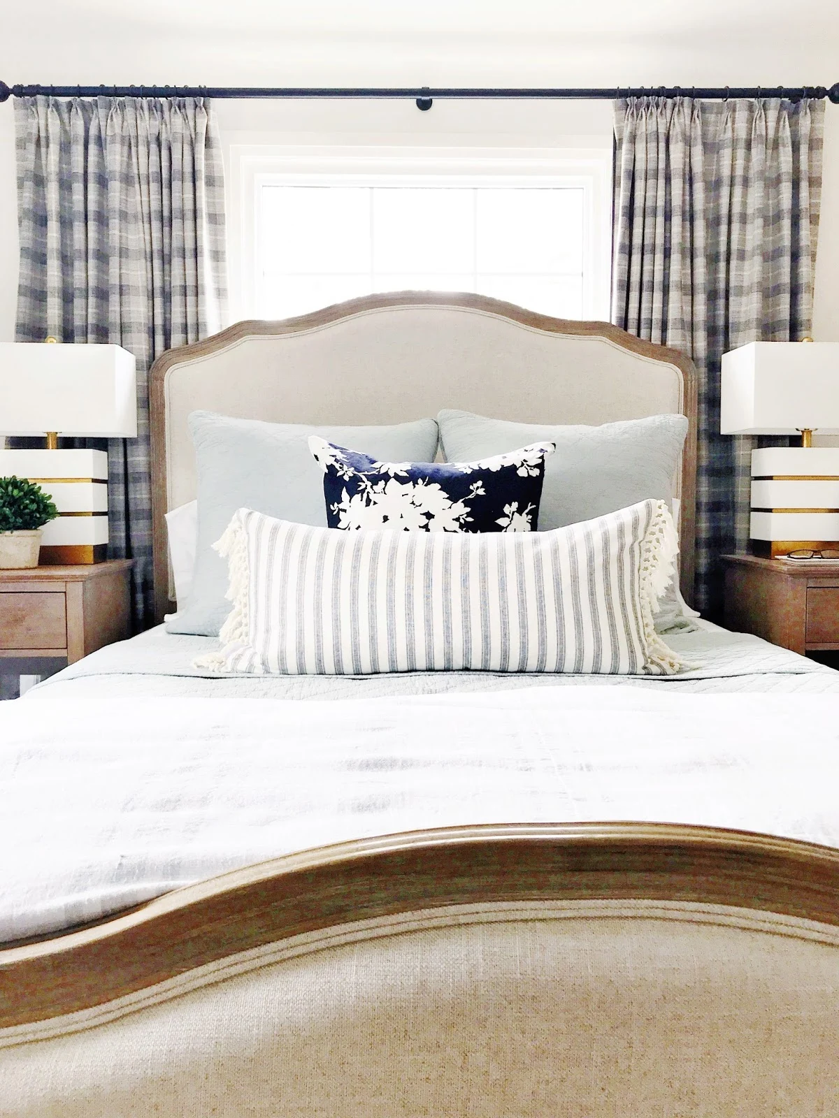 calm neutral master bedroom, Rambling Renovators, plaid curtains, tall headboard, traditional bedroom