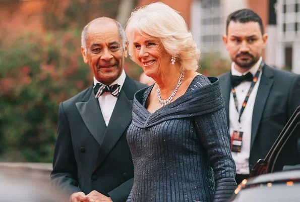 The Duchess of Cornwall is wearing a Bruce Oldfield gown with her pear-shaped diamond parure