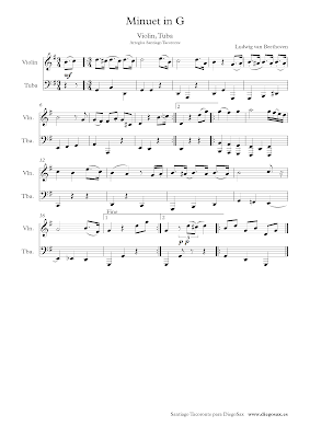 Partitura del Minueto en Sol Mayor de Beethoven para Violín y Tuba. Minuet in G Major sheet music for Violin and Tube by Beethoven.