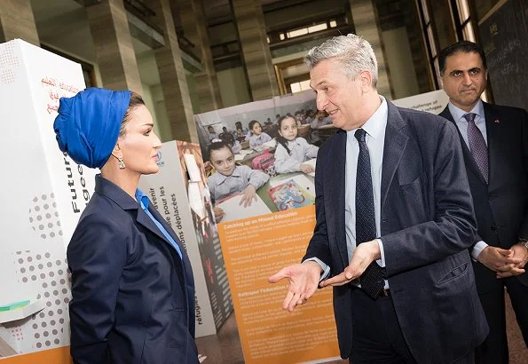 Sheikha Moza bint Nasser wore Ulyana Sergeenko suit from Fall 2017 Collection and Jean Paul Gaultier suit from Spring 2017 Couture Collection