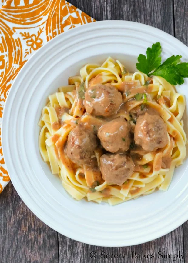 Swedish Meatballs Recipe over noodles with swedish meatball sauce from scratch is a favorite for dinner from Serena Bakes Simply From Scratch.