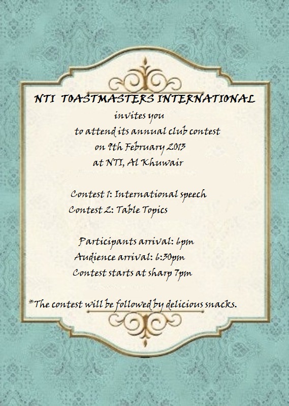 NTI Toastmasters International Contest Invite ~ Toastmasters ...