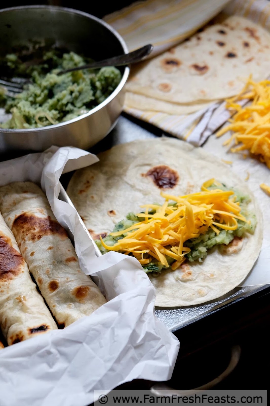 Farm Fresh Feasts Potato, Tatsoi, and Caramelized Onion Enchiladas