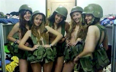 Female Israeli soldiers posing in their underwear and combat gear. The soldiers were reprimanded for "unbecoming behavior."