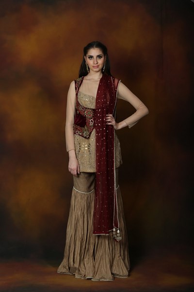 Maroon Embroidered Satin Pakistani Sharara Suit - Pakistani Sharara Suits - Ethnic Plus