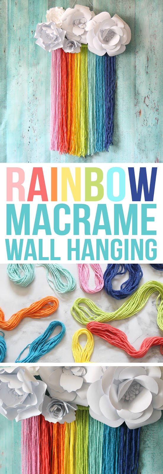 This easy rainbow craft features a rainbow yarn macrame wall hanging topped with paper flower clouds.