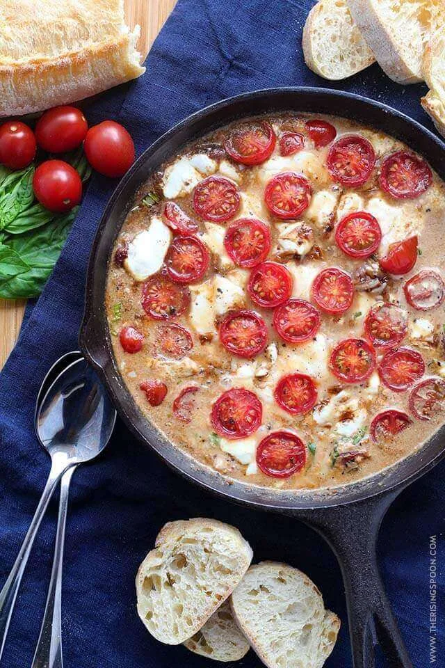 Easy Party Appetizer: Hot Caprese Dip with Tomato, Basil, Mozzarella, Parmesan & Cream Cheese