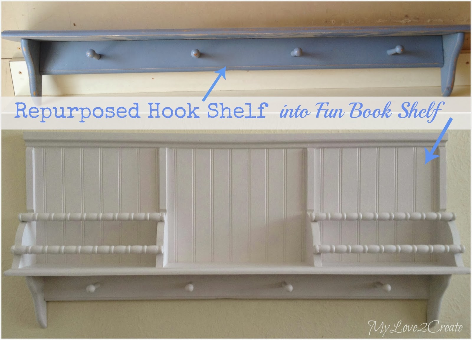 MyLove2Create, repurposed hook shelf into fun book shelf