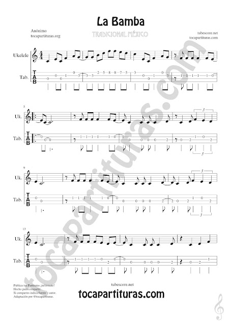 Score 1  Ukelele Tablatura y Partitura de La Bamba Punteo Tablature Sheet Music for Ukelele Tabs Music Scores
