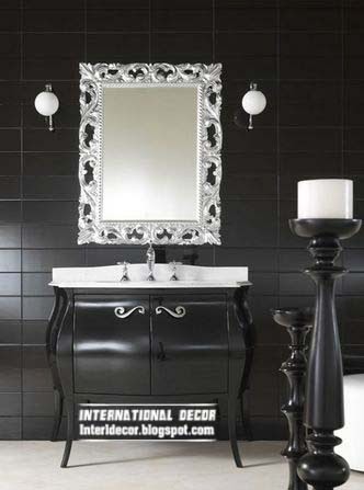 black wall tiles for bathroom and toilet, silver mirror,black bathroom