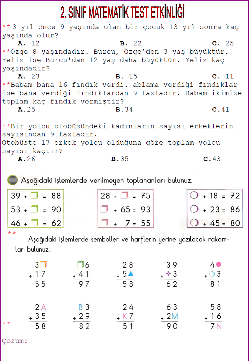 2. Sınıf Matematik Genel Değerlendirme Soruları Testi - Ödev Arşivim