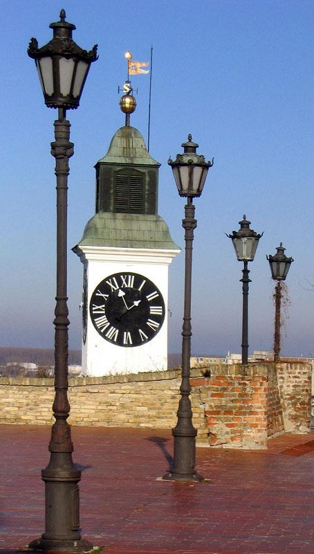 Clock tower and lamps - Novi Sad, Vojvodina, Serbia