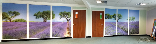 Panoramic lavender photograph printed in full colour on vinyl which was then applied to the series of windows to create the illusion of standing in a field while waiting to be seen in the therapeutic and massage treatment rooms.