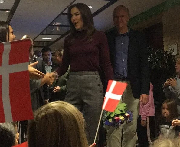 Crown Princess Mary wore Sandro Binic plaid button detail pants and burgundy sweater, pink high neck blouse, pink diamond earrings
