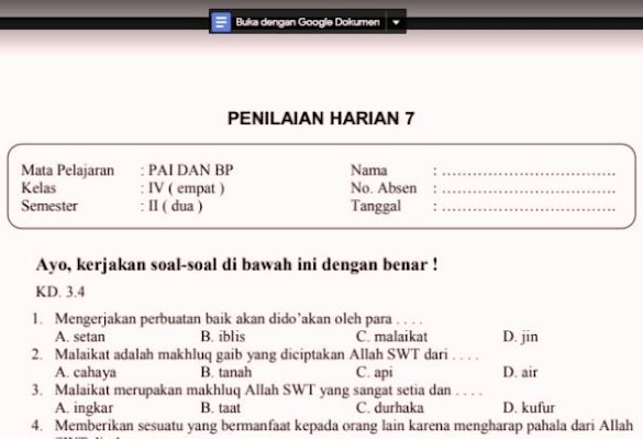 Soal Ulangan Harian Pai Kelas 4 Semester 2 K13