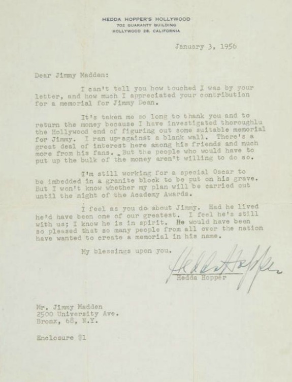 Stars and Letters Hedda Hopper & James Dean