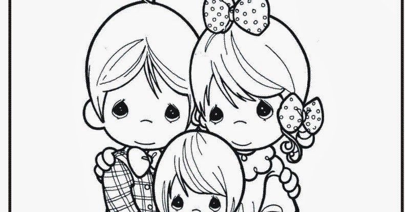 Colorear Familia, padre, madre e hijos de de precious moments