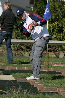 Richard Gottfried playing the 9th hole at the BMGA British Masters at the Splash Point Mini Golf course in Worthing - photo by Marion Homer of the KMGC
