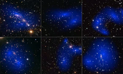 This collage shows NASA/ESA Hubble Space Telescope images of six different galaxy clusters, with the distribution of dark matter colored in blue.