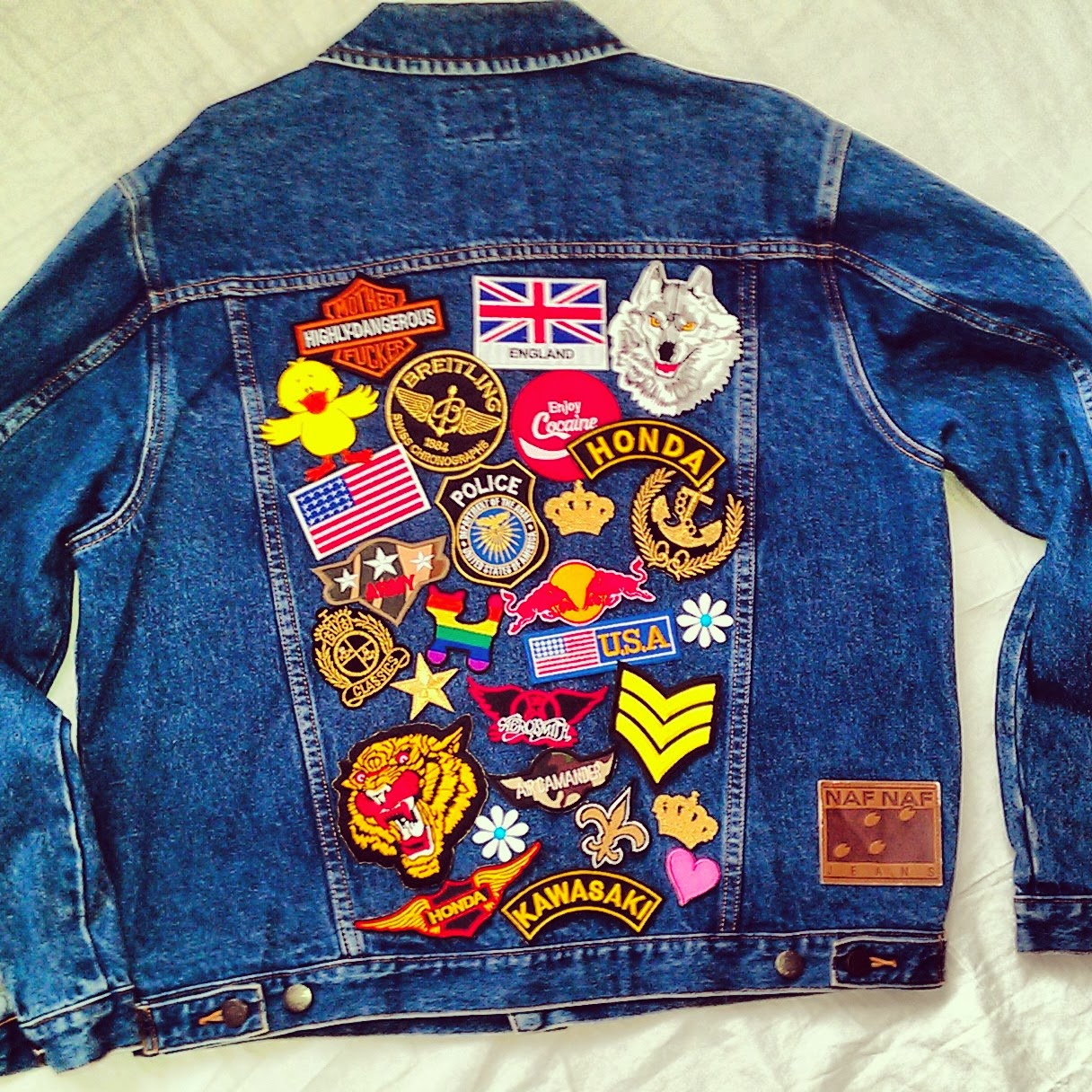 Reworked Vintage Denim Jacket with Patches Size L