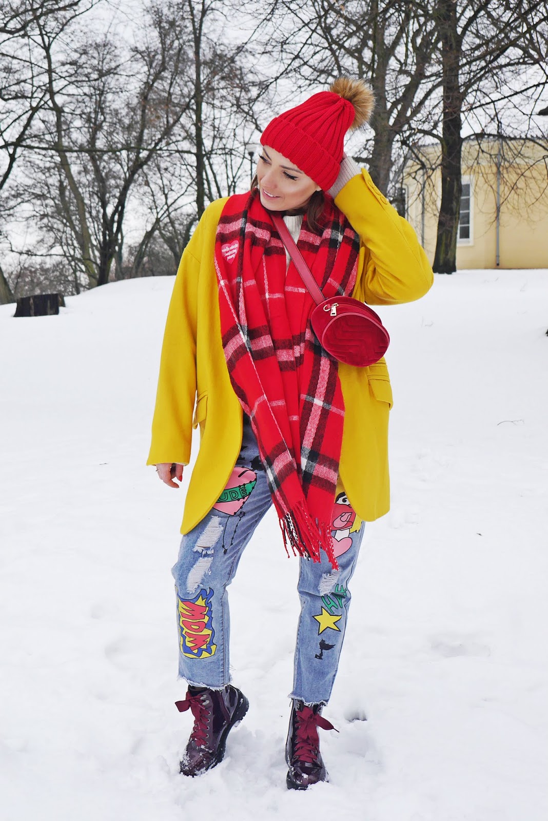 yellow coat embroidery boots red plaid scarf karyn fashion blogger outfit