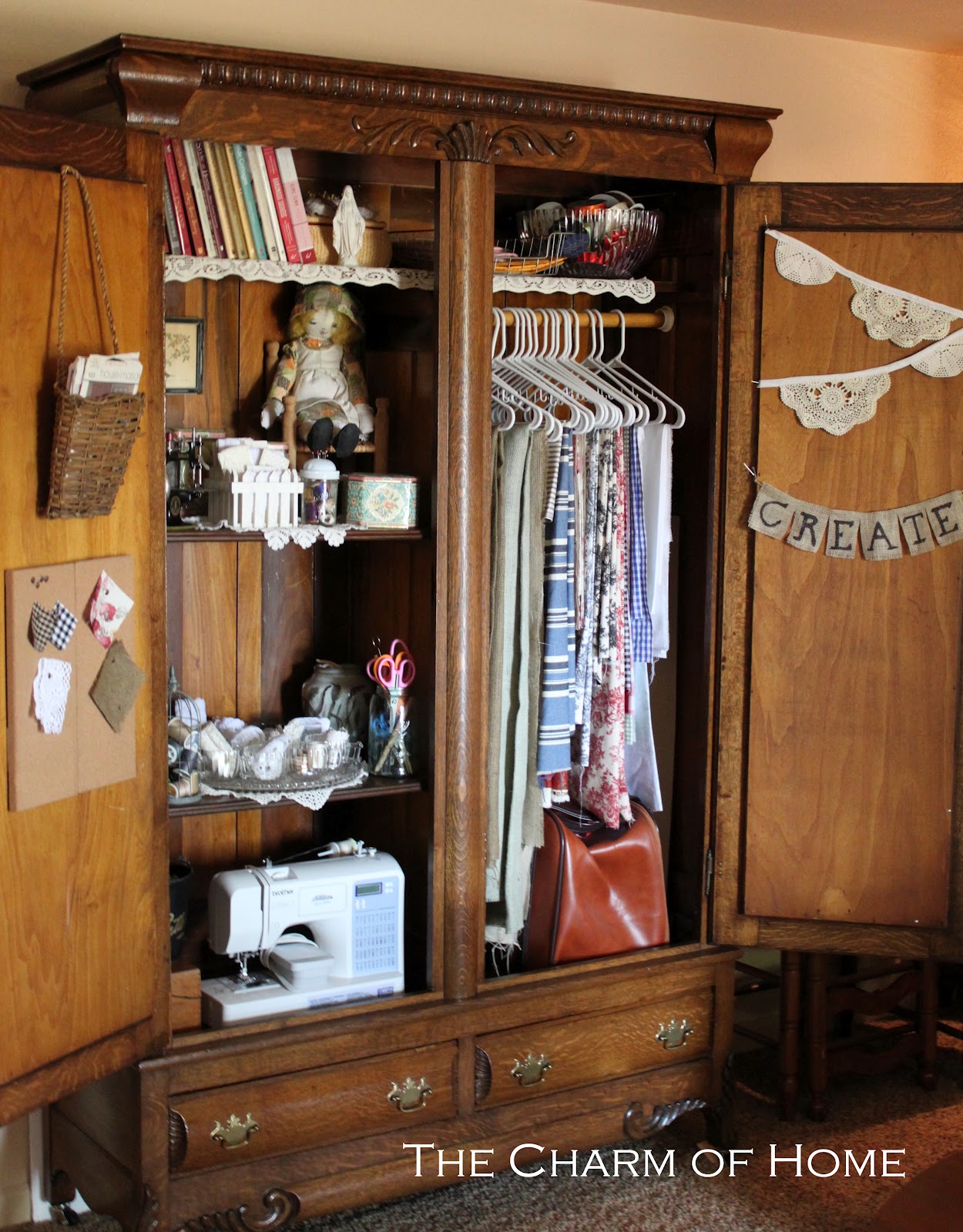 The Charm of Home Antique Wardrobe Turned into Sewing Room
