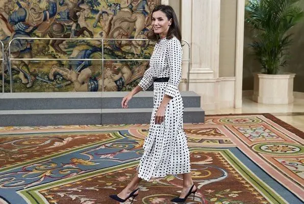 Queen Letizia wore Massimo Dutti print dress and Carolina Herrera pumps. Carlos Fitz-James Stuart, Duke of Alba