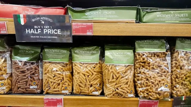 A shelf of M&S wholemeal pasta