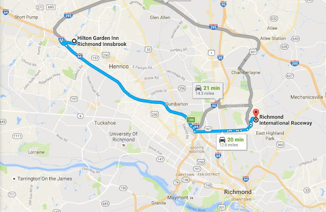 Richmond International Raceway is 12.6 mi/20 min from Hilton Garden Inn Richmond Innsbrook in Glen Allen, VA map showing Richmond International Raceway is 12.6 mi/20 min from Hilton Garden Inn Richmond Innsbrook in Glen Allen, VA