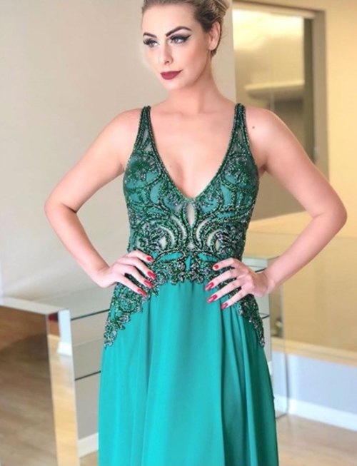 vestido de festa verde bordado