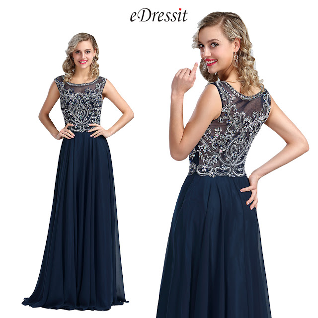 Blue Beaded A-line Prom Gown Formal Wear