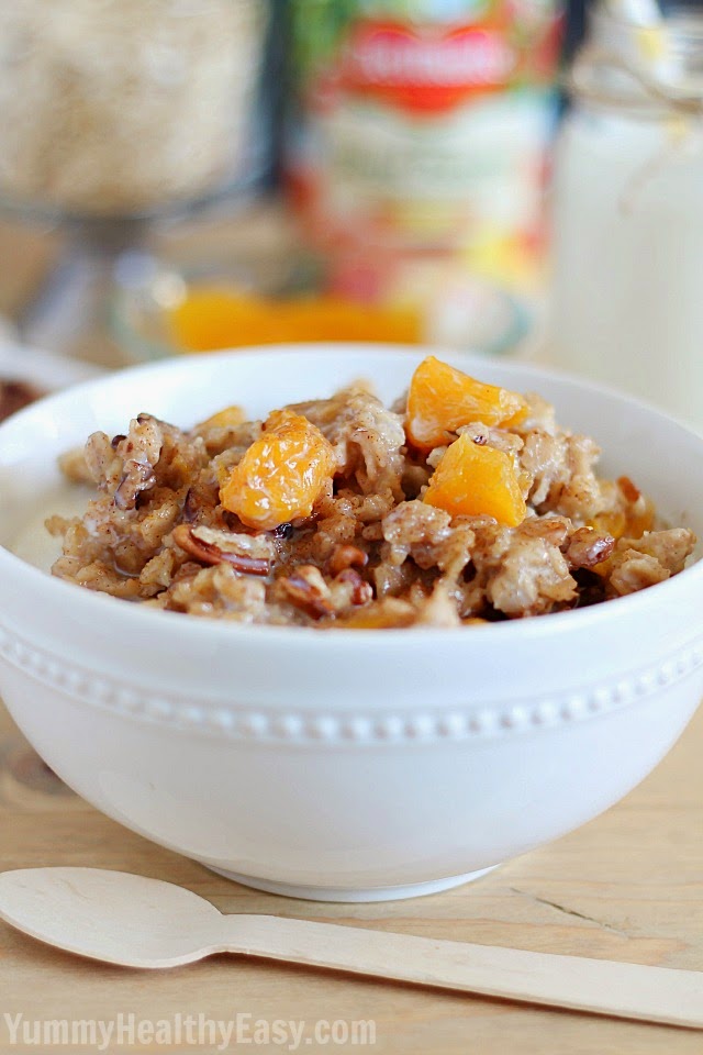 This Slow Cooker Peach Oatmeal is an easy, healthy and delicious breakfast! AD
