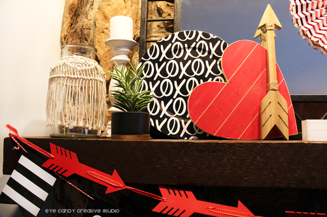 kirklands vase, target decor, valentines mantel, wooden arrow