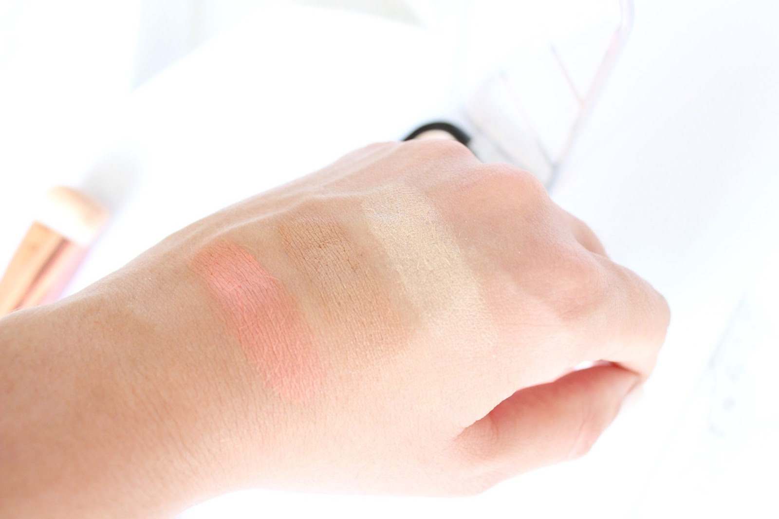 Swatches of Rimmel Kate Moss Sculpting & Highlighting Kit in 002 Coral Glow