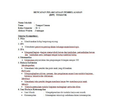 Download RPP Tematik Untuk Kelas 1 SD Kurikulum KTSP