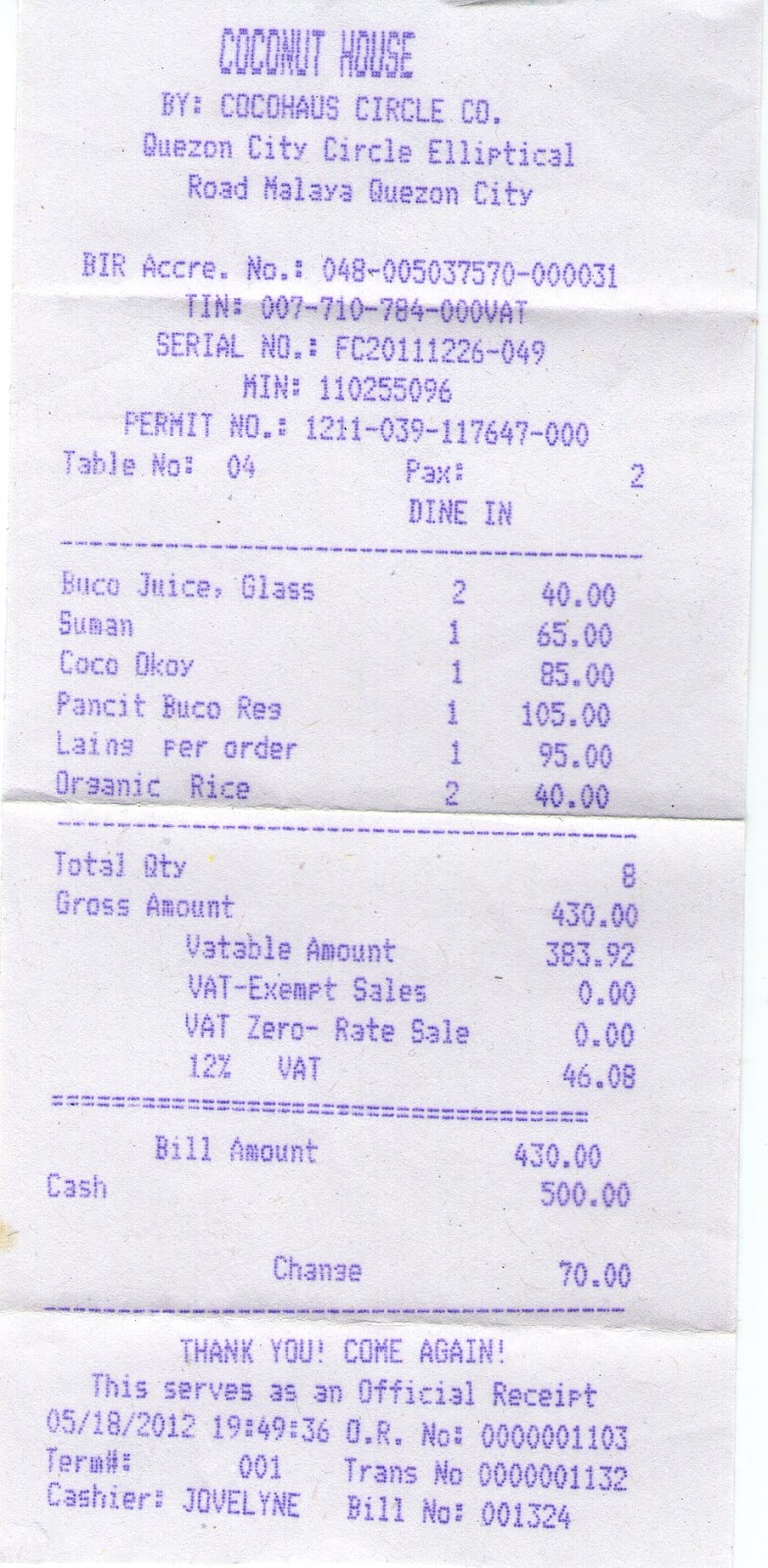 Sample Of A Receipt