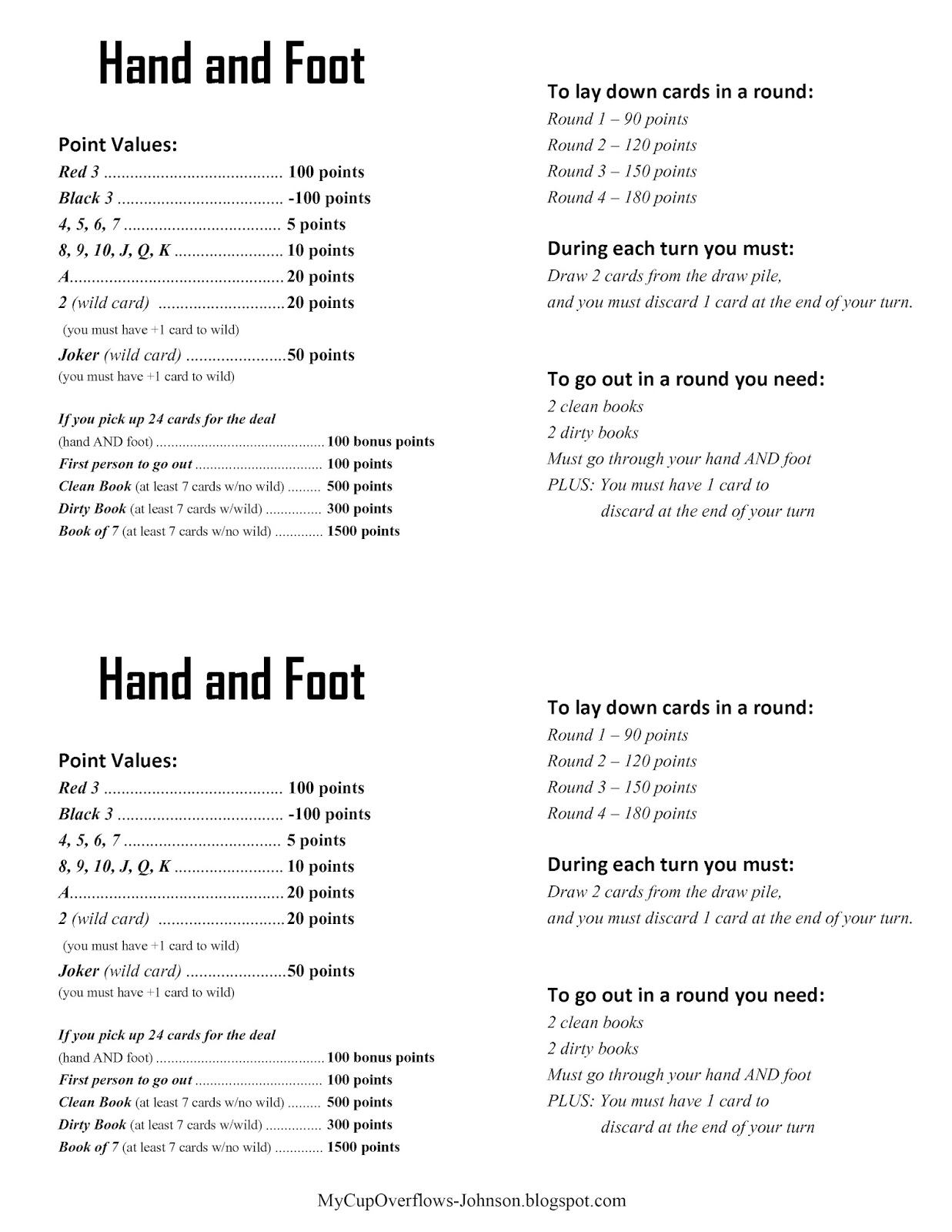 Hand And Foot Rules Printable