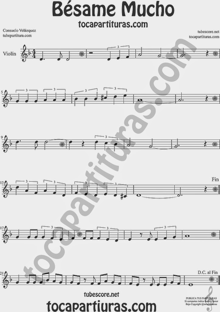 Bésame Mucho Partitura de Violín Sheet Music for Violin Music Scores Music Scores