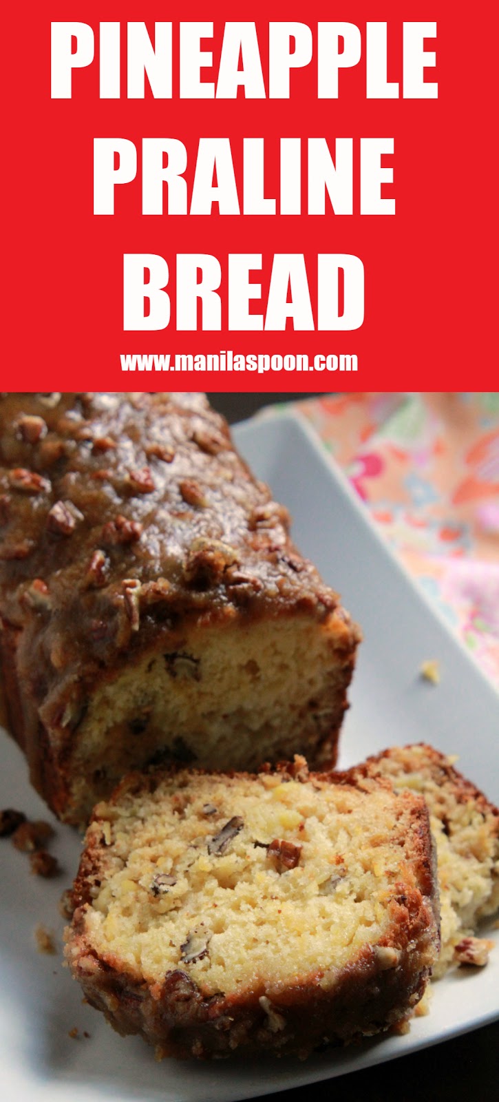 Crushed pineapple makes this Pineapple Praline bread super moist and flavorful. No butter or oil is ever used in the batter. The crunchy pecan topping makes it even more scrumptious. Crushed pineapple makes this Pineapple Praline bread super moist and flavorful. No butter or oil is ever used in the batter. The crunchy pecan topping makes it even more scrumptious.