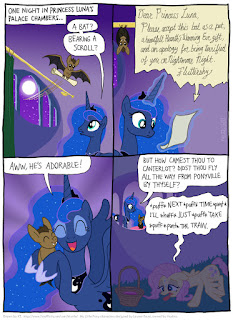A comic in which Fluttershy gives Princess Luna the bat from "May the Best Pet Win!"