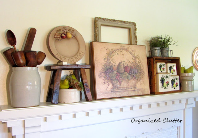 Early Fall Mantel, Crocks, Fruit, and Wood Accents