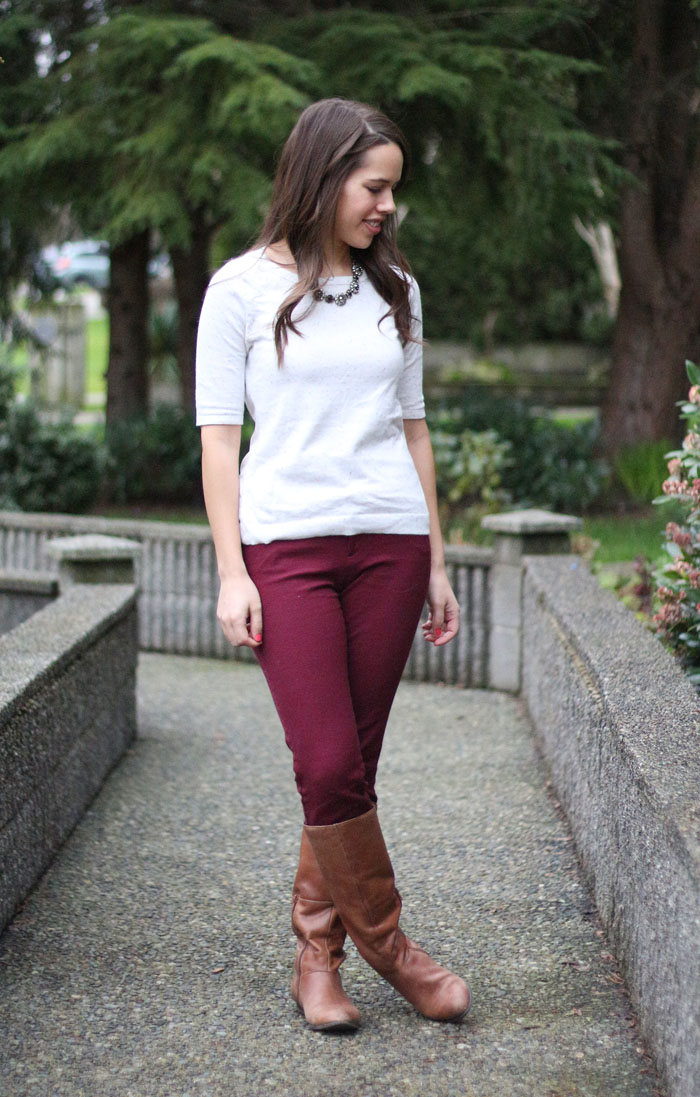 jules in flats: March 1 - Cream Sheer-back Sweater & Burgundy Pants