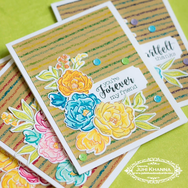 Hand stamped card with patterned paper and #wplus9 pretty peonies. 