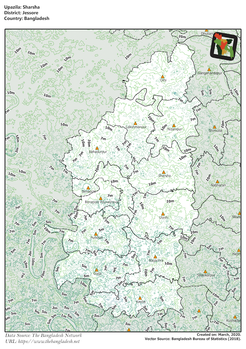 Sharsha Upazila Elevation Map Jessore District Bangladesh