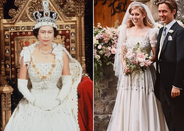 Princess Beatrice wore one of the Queen's vintage Norman Hartnell gowns and the Queen Mary diamond fringe tiara, wedding ceremony